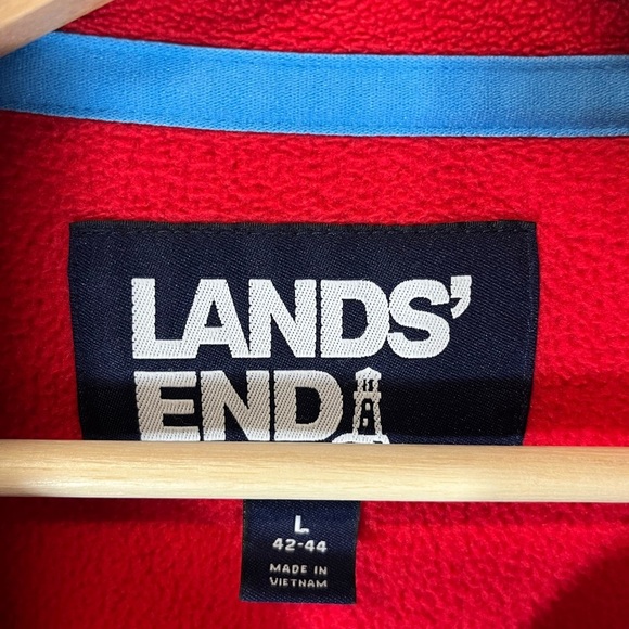 Lands' End Mens 1/4 Zip Heritage Fleece Pullover in Red Navy Trim Size L 42-44 - Picture 5 of 5